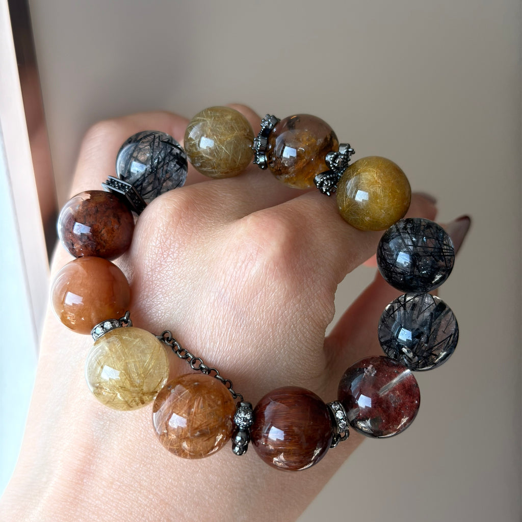Black Rutilated Quartz, Copper Rutilated Quartz & Phantom Quartz Crystal Bracelet — quiet warmth, One of a Kind
