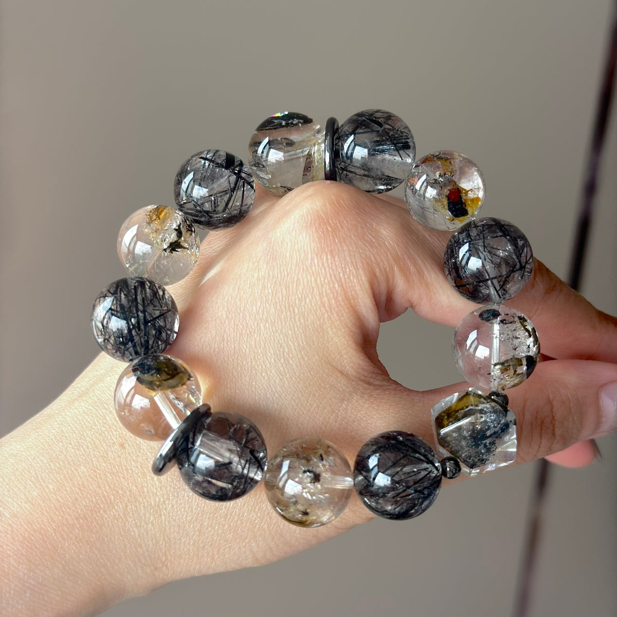 Black-Gold Auralite & Black Rutilated Quartz Crystal Bracelet — natural character, One of a Kind