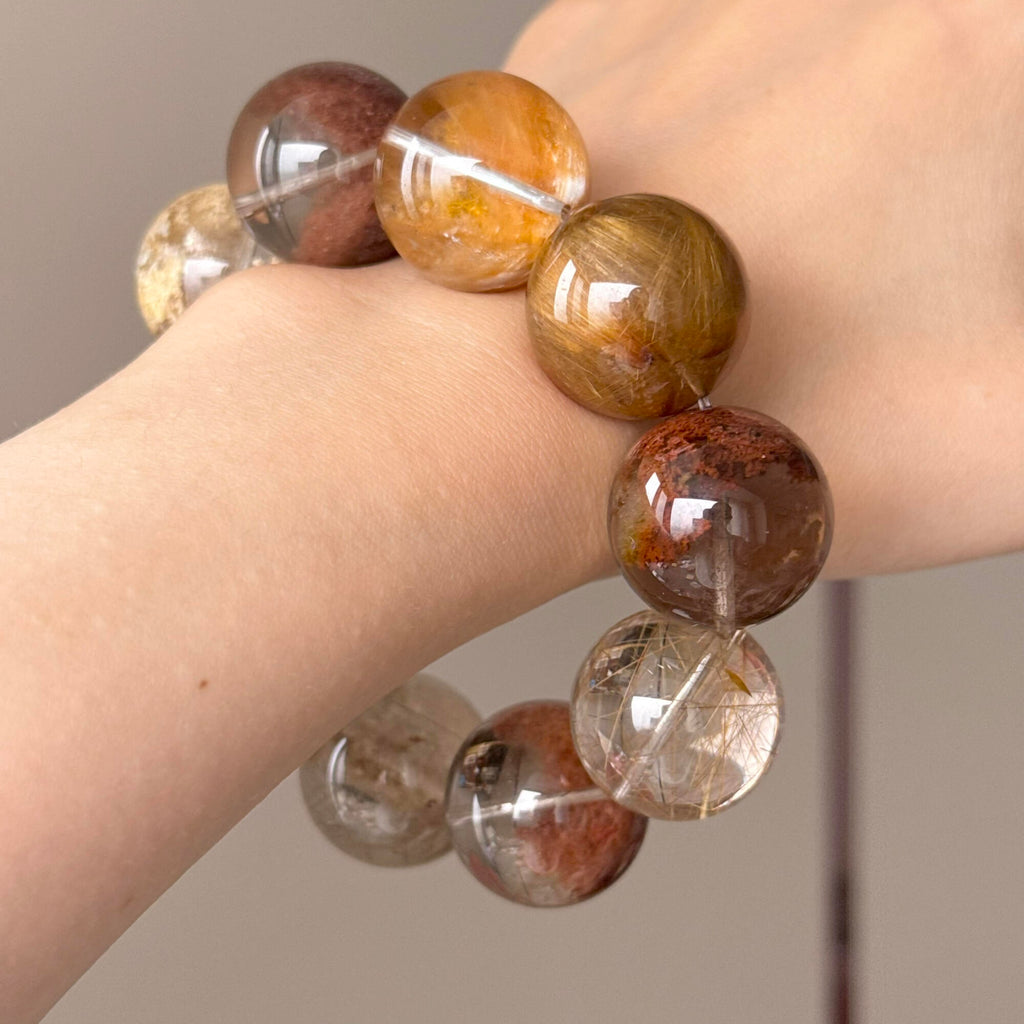 Phantom Quartz, Yellow Rabbit Hair Quartz & Jade Crystal Bracelet — quiet warmth, One of a Kind