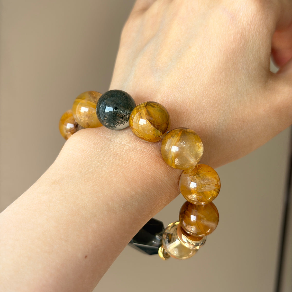 Yellow Flower Agate & Phantom Quartz Crystal Bracelet — quiet warmth, One of a Kind