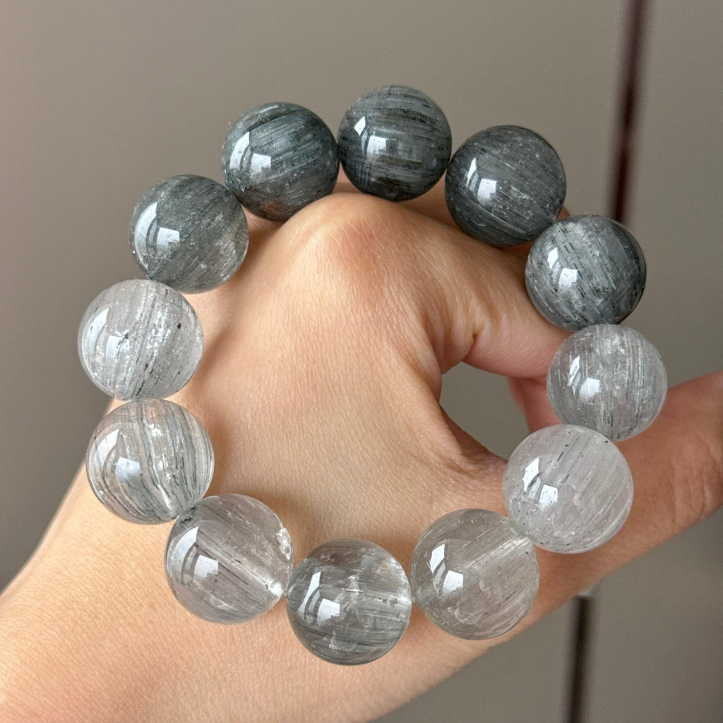 Rabbit Hair Quartz & Natural Jade Crystal Bracelet — natural character, One of a Kind