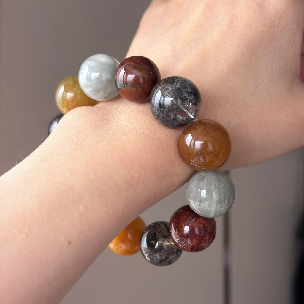Multicolor Rabbit Hair Quartz & Phantom Quartz Crystal Bracelet — quiet warmth, One of a Kind