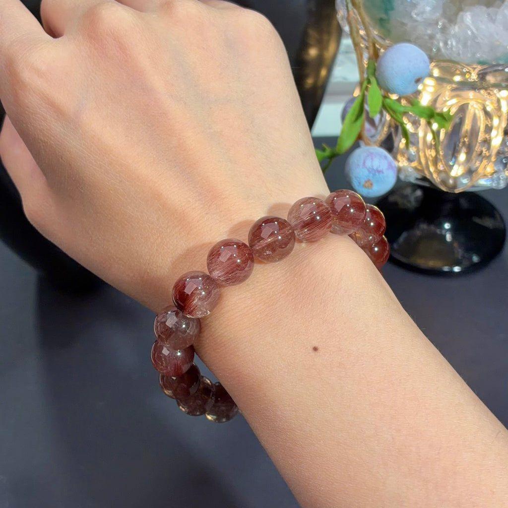 Red Rutilated Quartz & Red Wire Rabbit Hair Quartz Crystal Bracelet — quiet warmth, One of a Kind