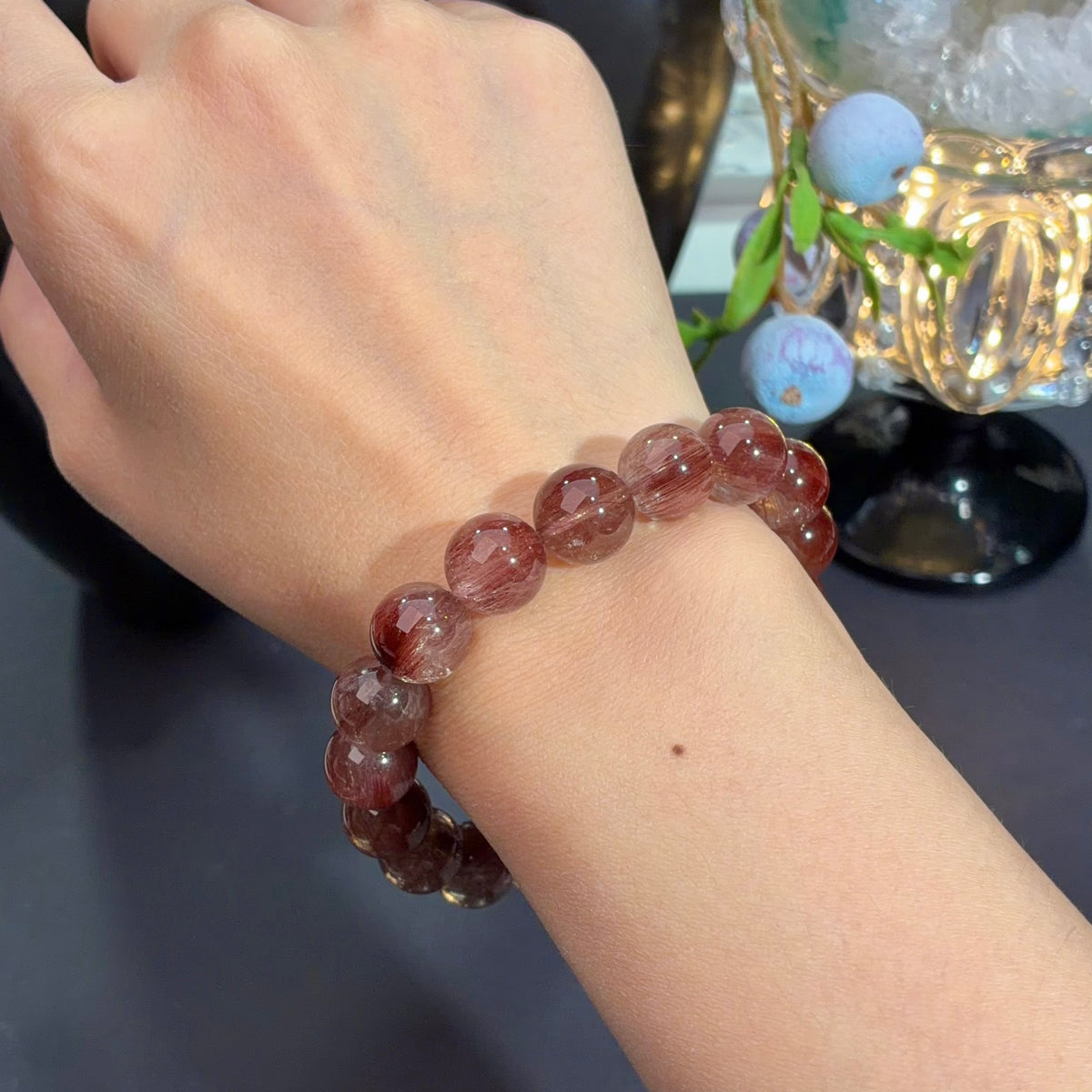 Red Rutilated Quartz & Red Wire Rabbit Hair Quartz Crystal Bracelet — quiet warmth, One of a Kind