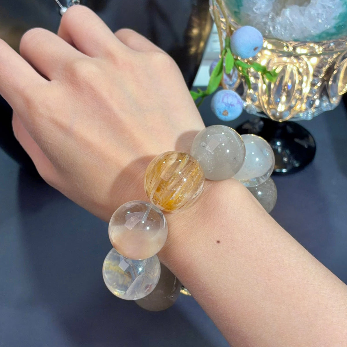 Yellow Rabbit Hair Quartz & Milk-Tea Grey Phantom Quartz Crystal Bracelet — quiet warmth, One of a Kind