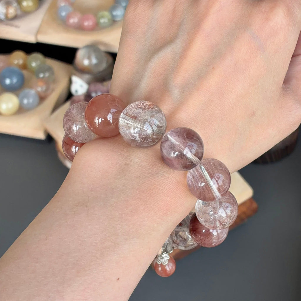Rabbit Hair Quartz & Phantom Quartz Crystal Bracelet — quiet warmth, One of a Kind