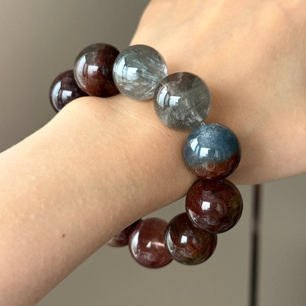 Phantom Quartz, Rabbit Hair Quartz & Natural Jade Crystal Bracelet — quiet warmth, One of a Kind
