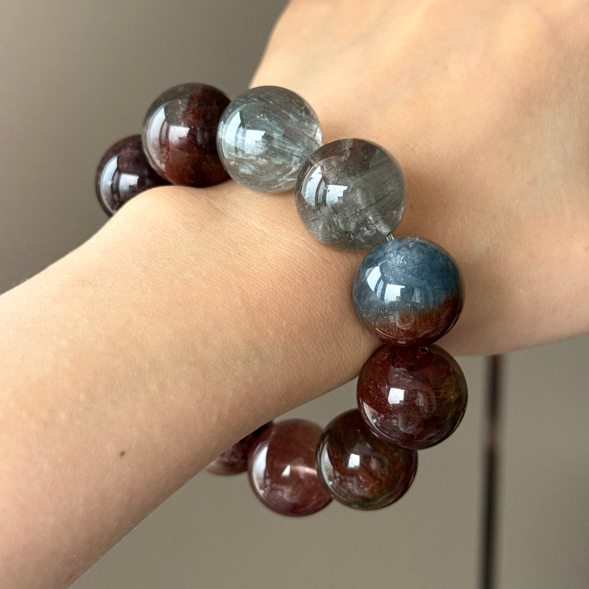 Phantom Quartz, Rabbit Hair Quartz & Natural Jade Crystal Bracelet — quiet warmth, One of a Kind