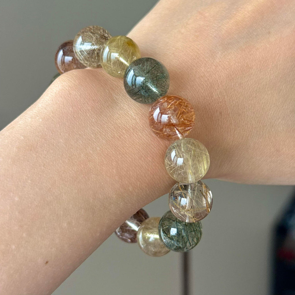 Multicolor Rabbit Hair Quartz & Monet Phantom Quartz Crystal Bracelet — quiet warmth, One of a Kind