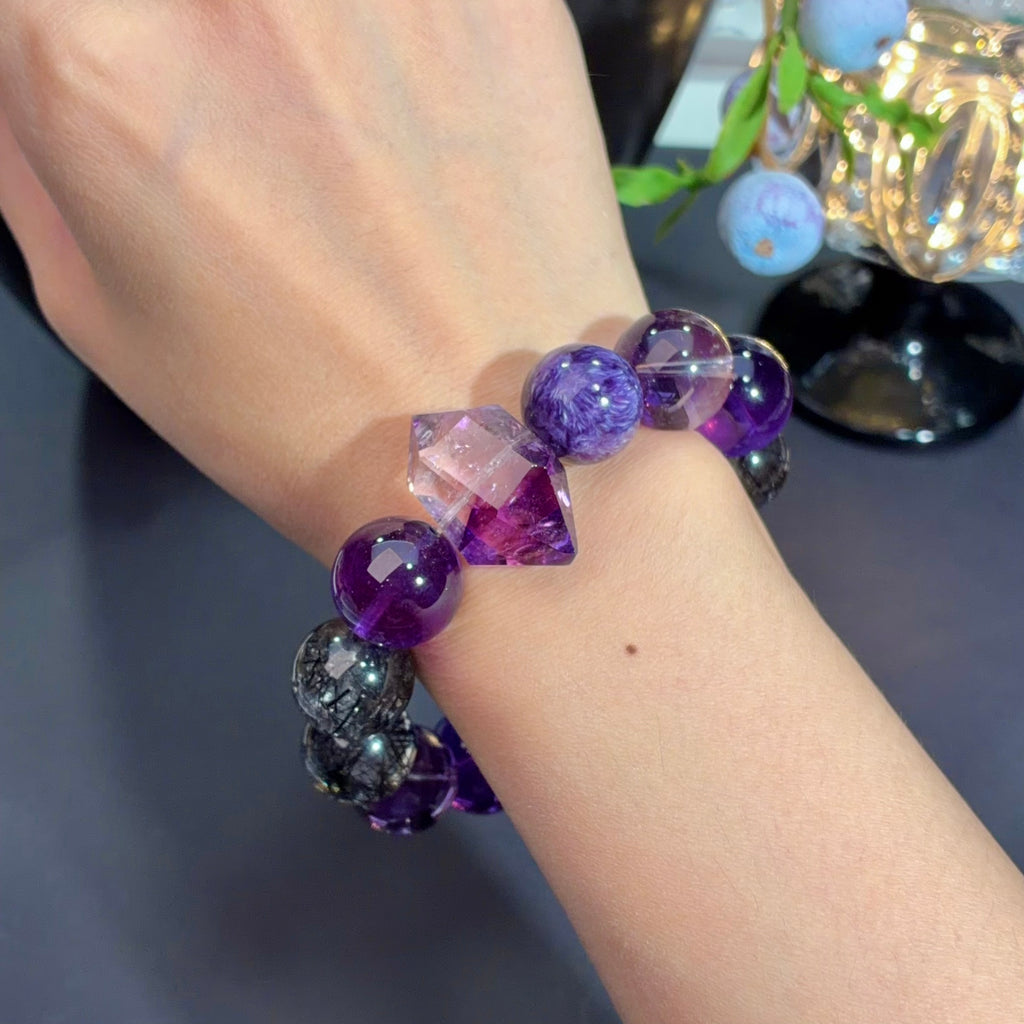 Super Seven, Brazilian Amethyst & Black Rutilated Quartz Crystal Bracelet — gentle glow, One of a Kind