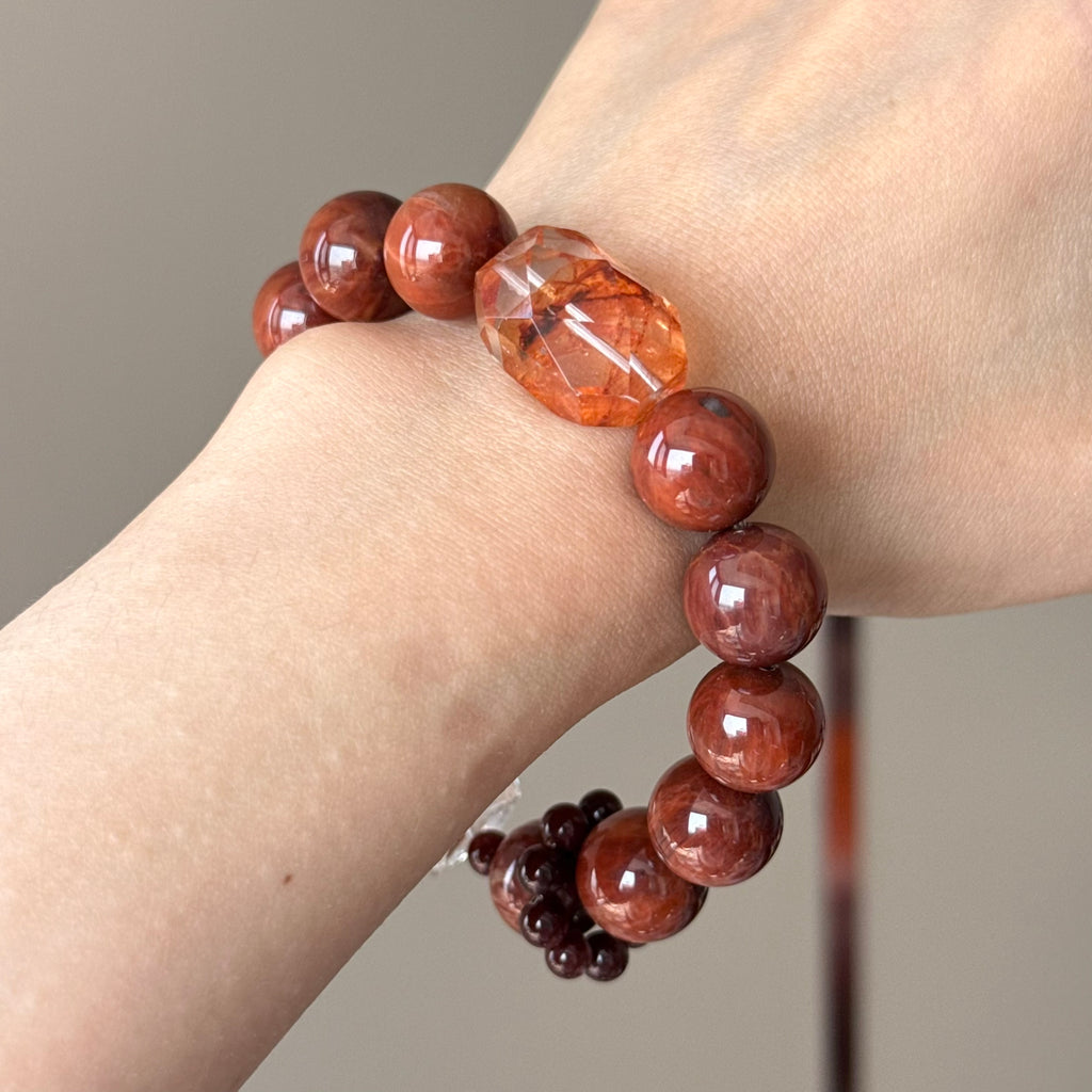 Rabbit Hair Quartz & Red Flower Agate Crystal Bracelet — quiet warmth, One of a Kind