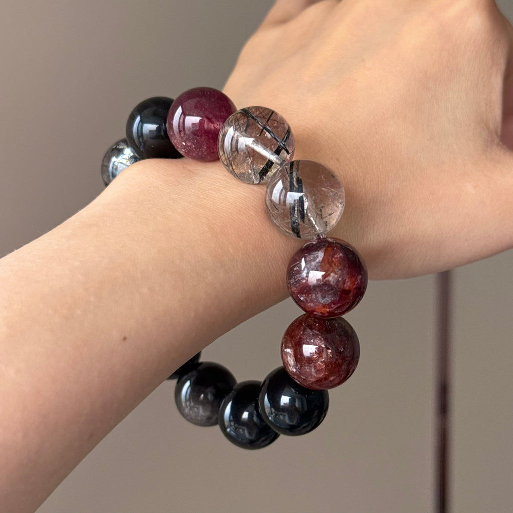 Red Flower Agate & Black Rutilated Quartz Crystal Bracelet — quiet warmth, One of a Kind