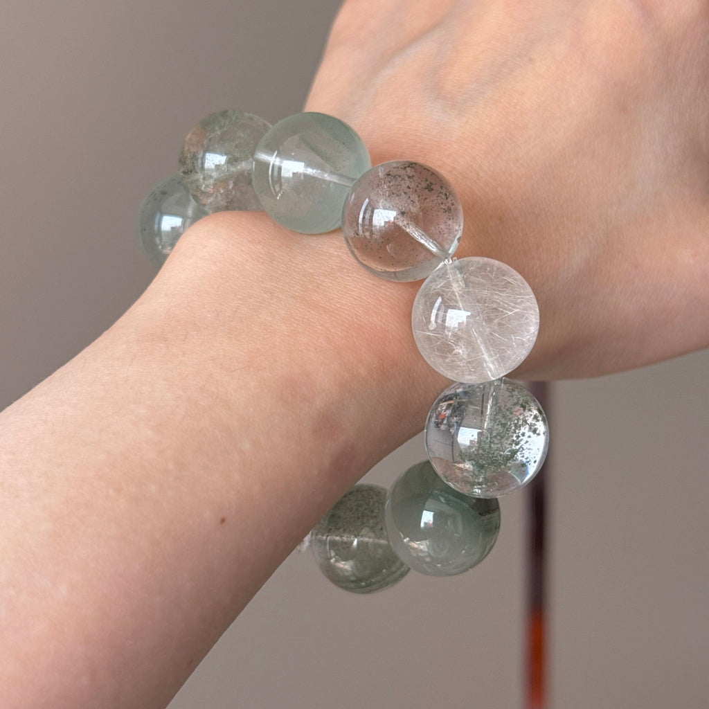Phantom Quartz, Golden Rutilated Quartz & Rabbit Hair Quartz Crystal Bracelet — quiet warmth, One of a Kind
