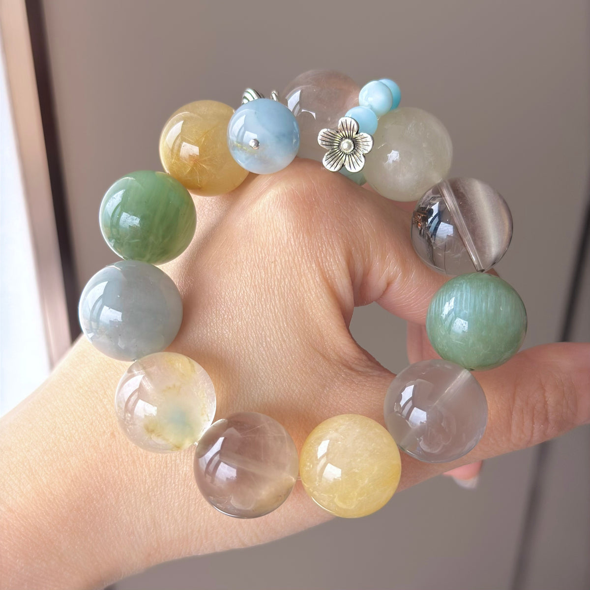 Multicolor Rabbit Hair Quartz & Yellow Rabbit Hair Quartz Crystal Bracelet — soft radiance, One of a Kind