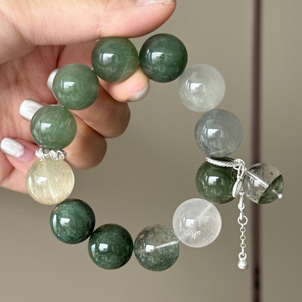Rabbit Hair Quartz, Golden Rutilated Quartz & Phantom Quartz Crystal Bracelet — quiet warmth, One of a Kind