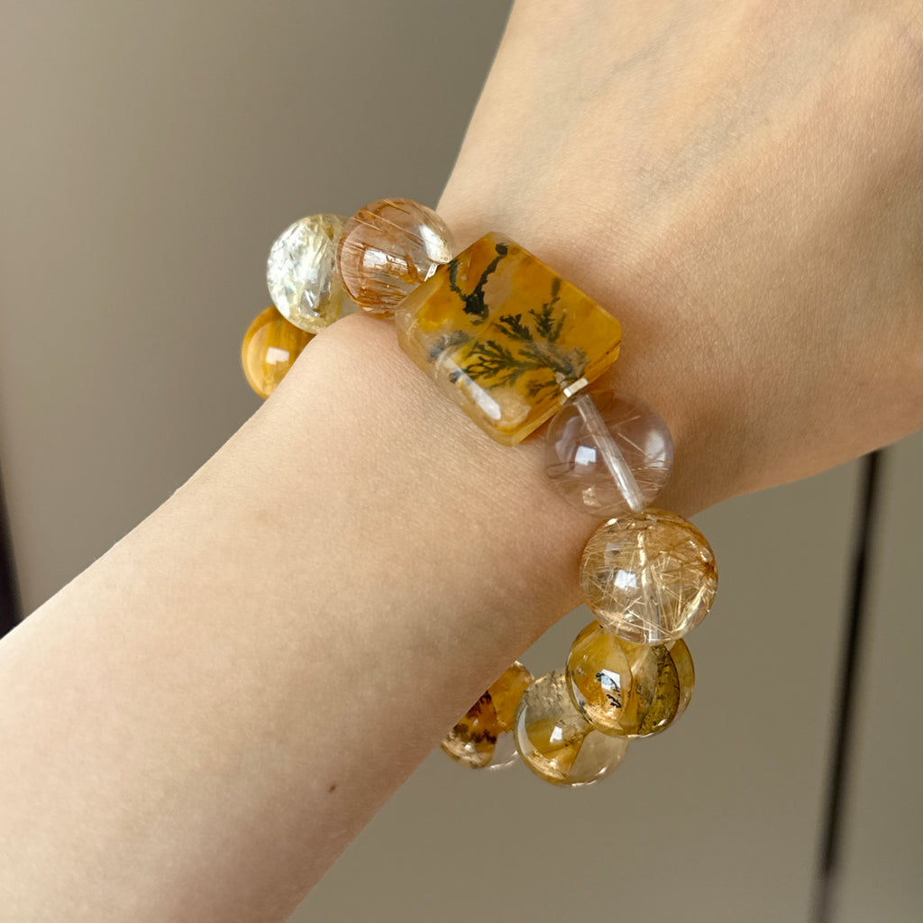 Tree Flower Agate, Golden Rutilated Quartz & Rabbit Hair Quartz Crystal Bracelet — soft radiance, One of a Kind