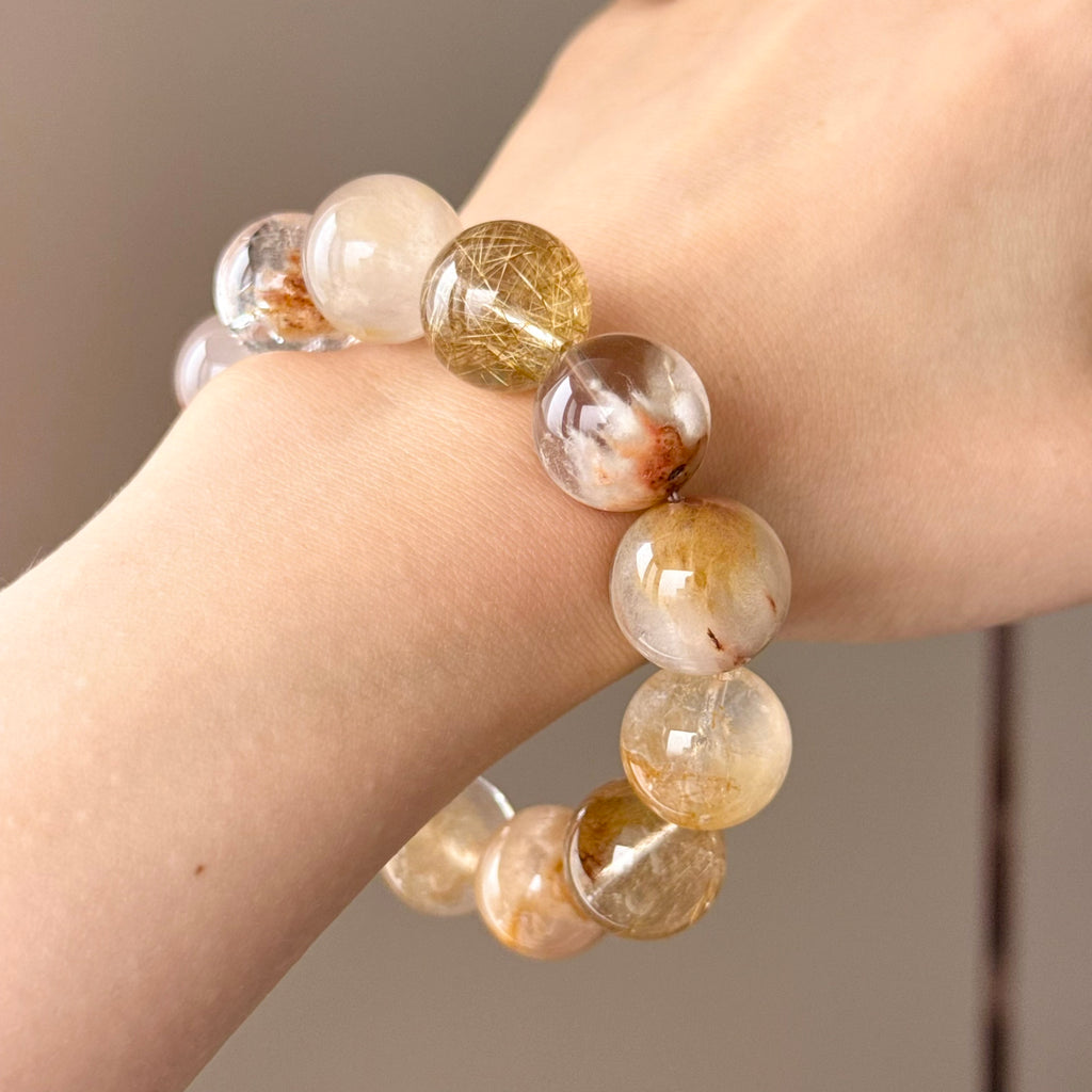 Yellow Rabbit Hair Quartz, Golden Rutilated Quartz & Phantom Quartz Crystal Bracelet — quiet warmth, One of a Kind