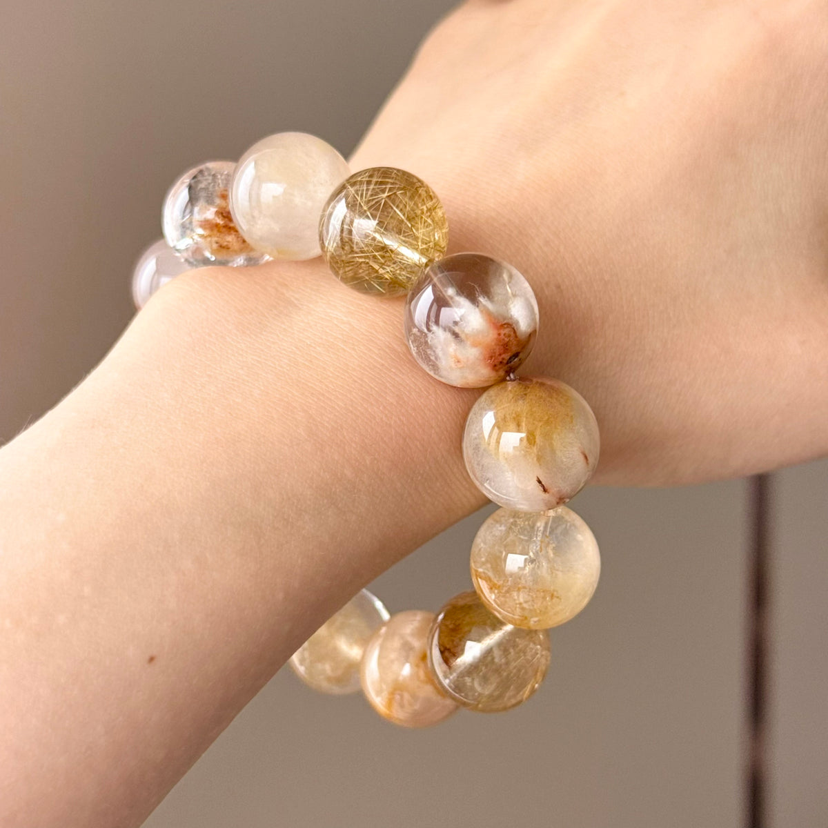 Yellow Rabbit Hair Quartz, Golden Rutilated Quartz & Phantom Quartz Crystal Bracelet — quiet warmth, One of a Kind