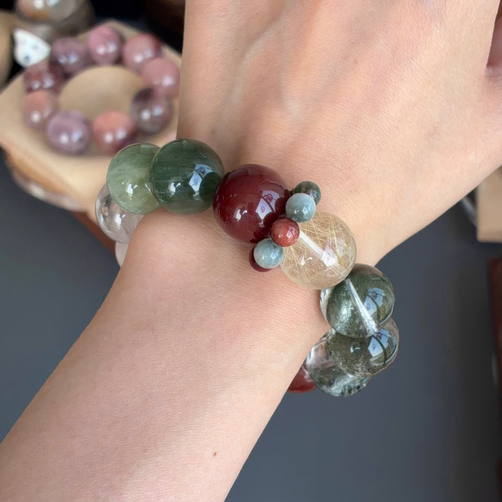 Rabbit Hair Quartz, Phantom Quartz & Tree Flower Agate Crystal Bracelet — quiet warmth, One of a Kind