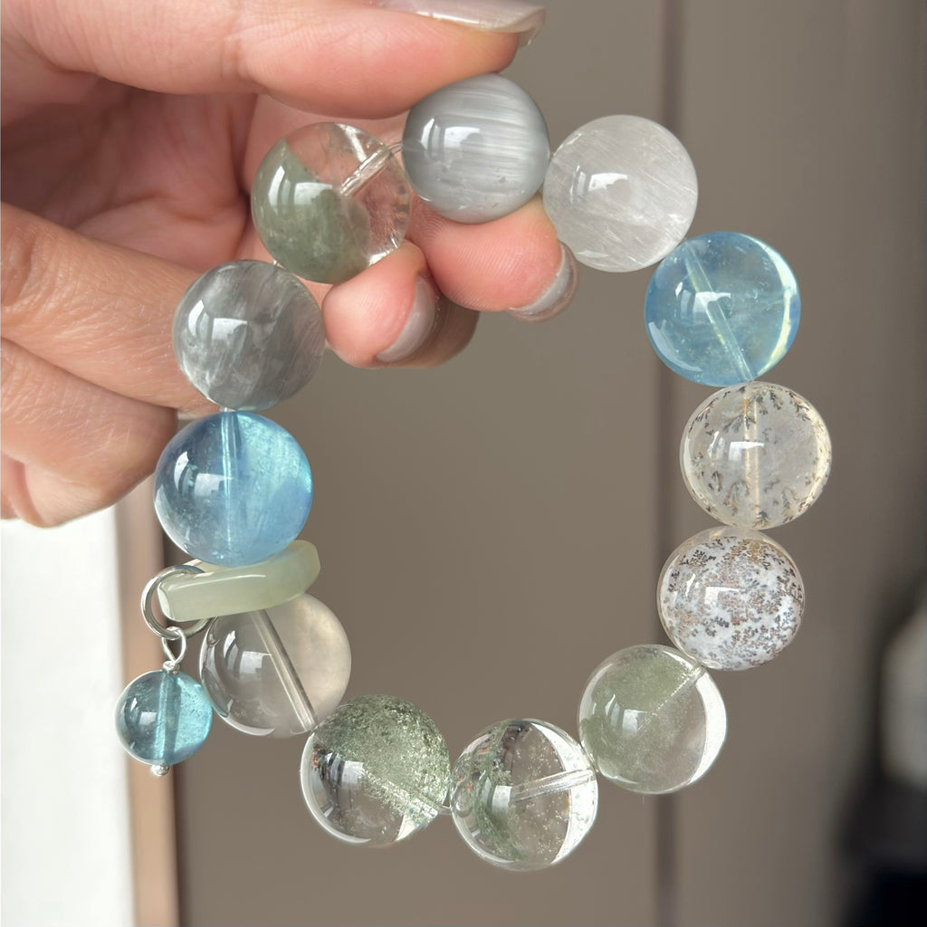 Tree Flower Agate & Phantom Quartz Crystal Bracelet — quiet warmth, One of a Kind