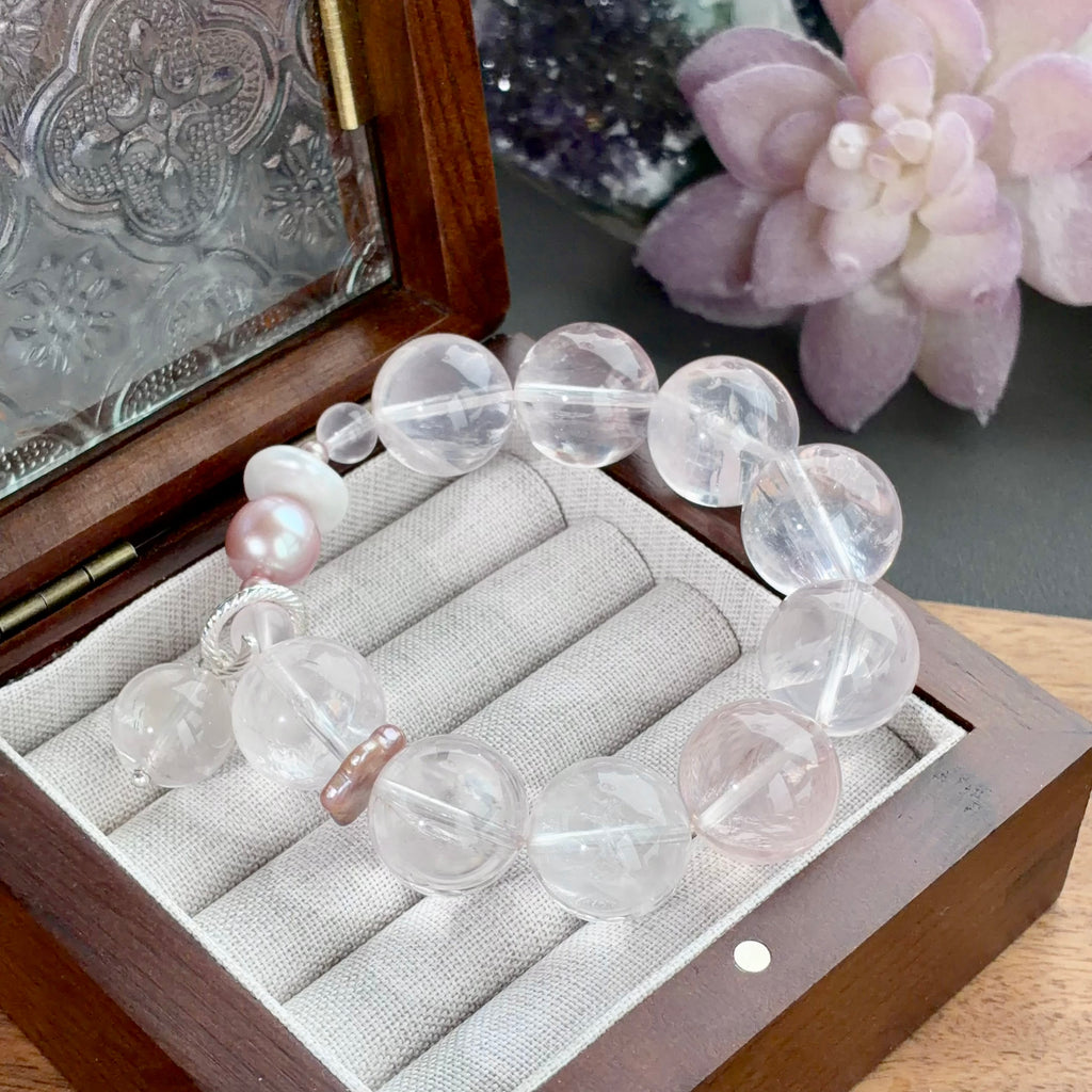 Flower Agate & Pearl Crystal Bracelet — natural character, One of a Kind
