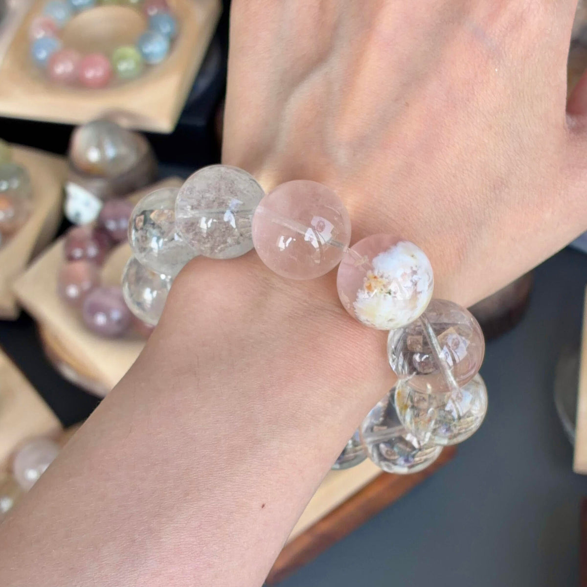 White Snowflake Phantom Quartz, Pink Phantom Quartz & Rabbit Hair Quartz Crystal Bracelet — quiet warmth, One of a Kind