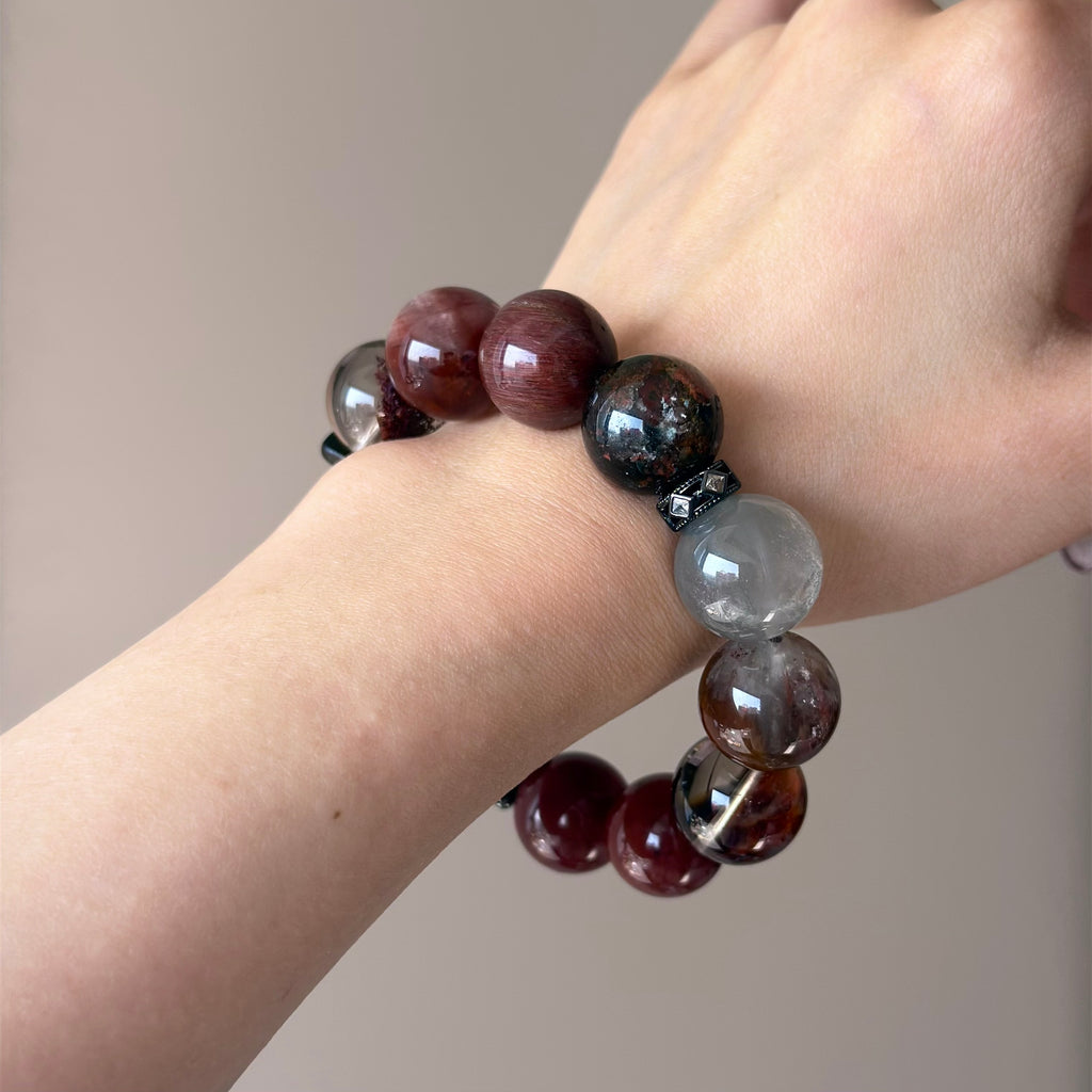 Rabbit Hair Quartz & Phantom Quartz Crystal Bracelet — quiet warmth, One of a Kind