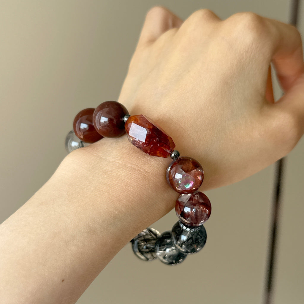 Rabbit Hair Quartz, Red Flower Agate & Black Rutilated Quartz Crystal Bracelet — quiet warmth, One of a Kind
