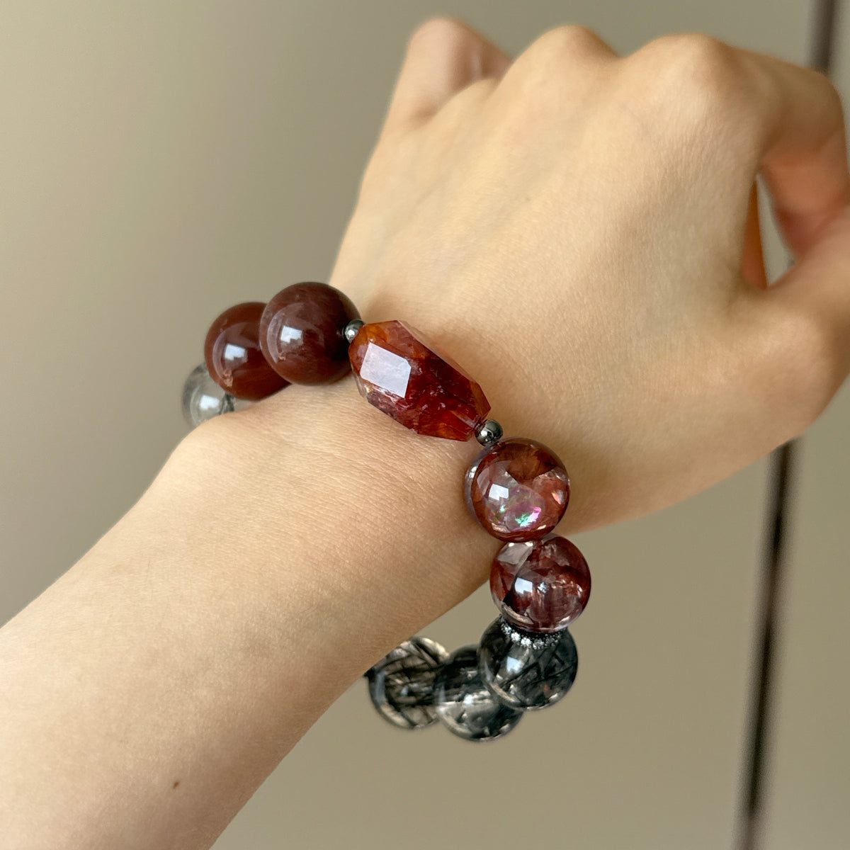 Rabbit Hair Quartz, Red Flower Agate & Black Rutilated Quartz Crystal Bracelet — quiet warmth, One of a Kind
