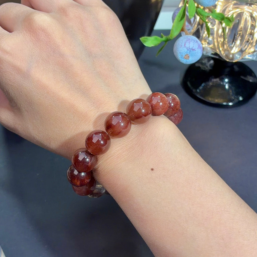 Red Wire Rabbit Hair Quartz & Red Rutilated Quartz Crystal Bracelet — quiet warmth, One of a Kind