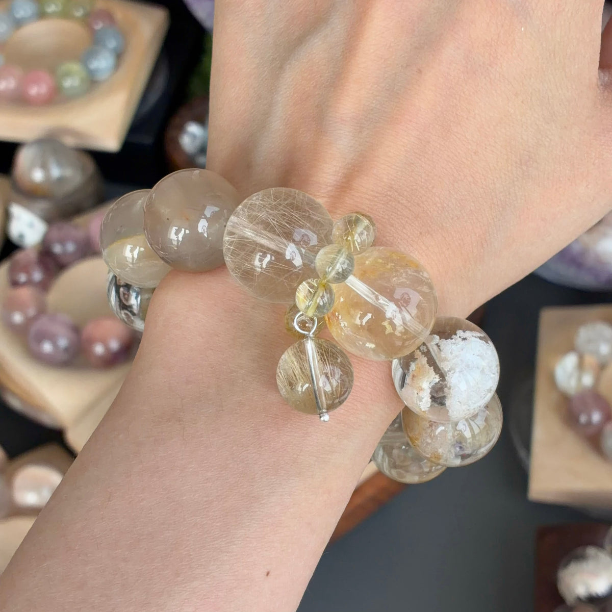 Yellow Rabbit Hair Quartz & Phantom Quartz Crystal Bracelet — quiet warmth, One of a Kind