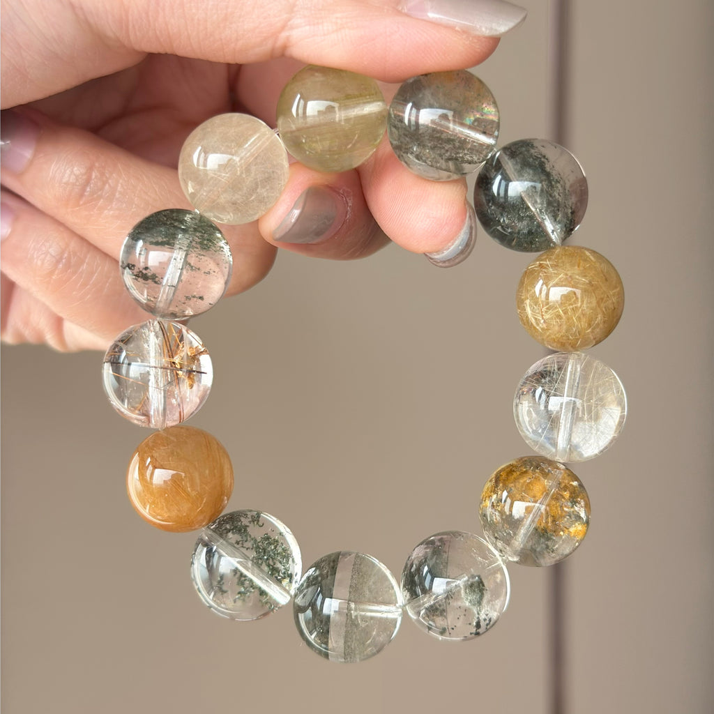 Golden Rutilated Quartz, Yellow Rabbit Hair Quartz & Phantom Quartz Crystal Bracelet — quiet warmth, One of a Kind