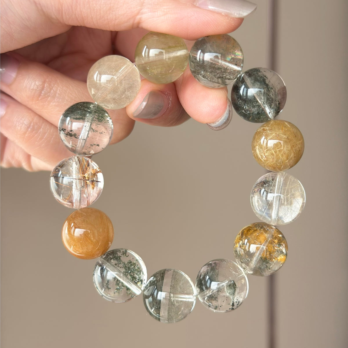 Golden Rutilated Quartz, Yellow Rabbit Hair Quartz & Phantom Quartz Crystal Bracelet — quiet warmth, One of a Kind