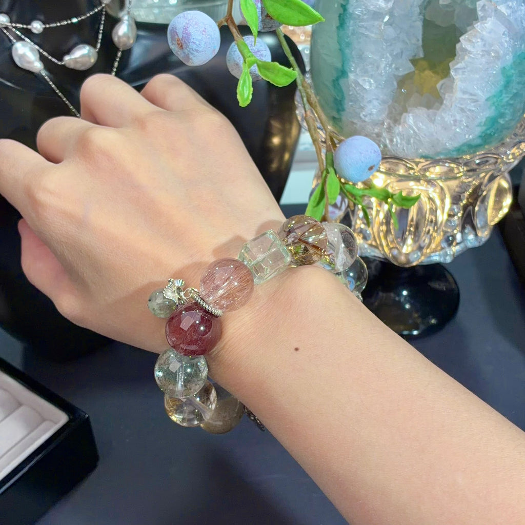 Rock-Candy Phantom Quartz & Multicolor Rabbit Hair Quartz Crystal Bracelet — quiet warmth, One of a Kind