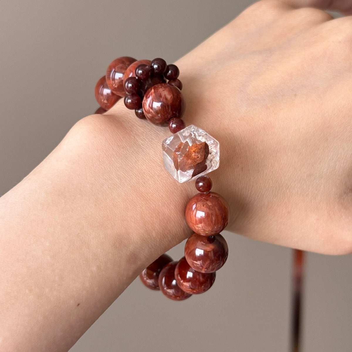 Rabbit Hair Quartz & Red Flower Agate Crystal Bracelet — quiet warmth, One of a Kind