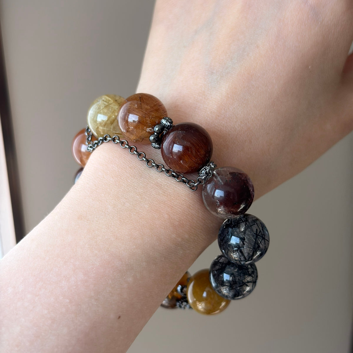 Black Rutilated Quartz, Copper Rutilated Quartz & Phantom Quartz Crystal Bracelet — quiet warmth, One of a Kind
