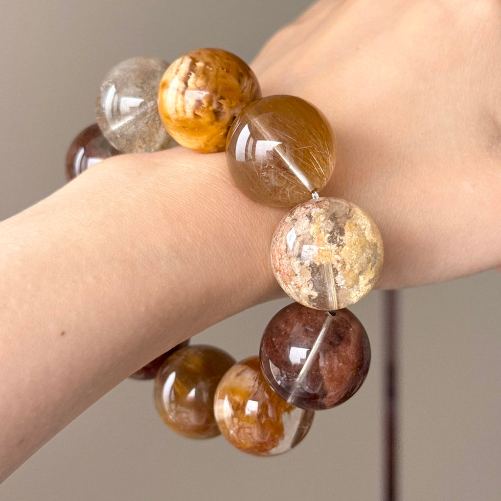 Phantom Quartz, Yellow Rabbit Hair Quartz & Jade Crystal Bracelet — quiet warmth, One of a Kind
