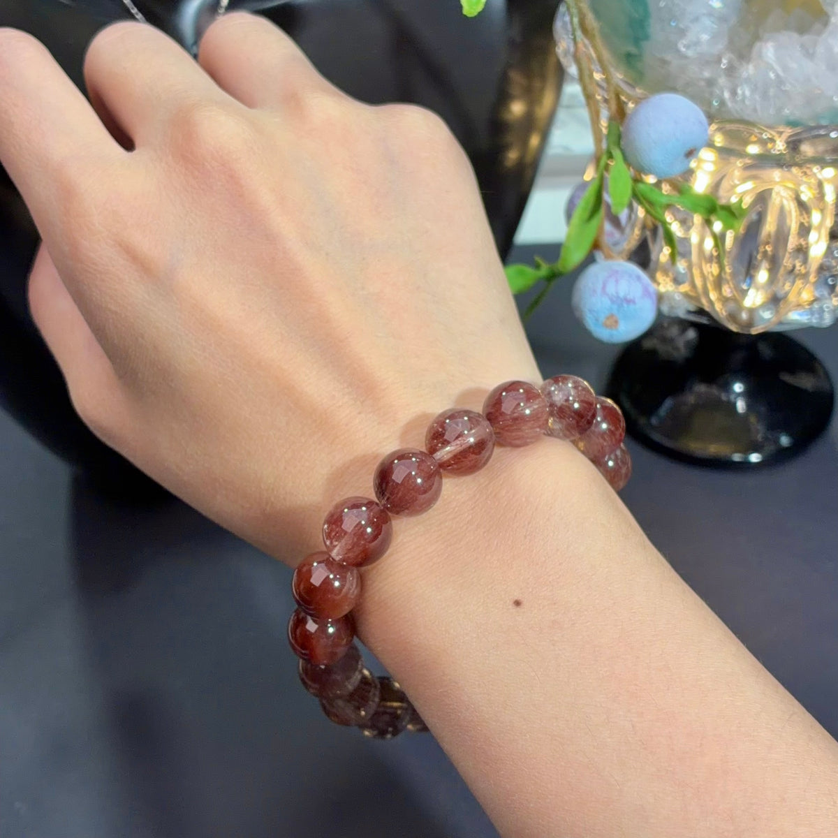 Red Rutilated Quartz & Red Wire Rabbit Hair Quartz Crystal Bracelet — quiet warmth, One of a Kind