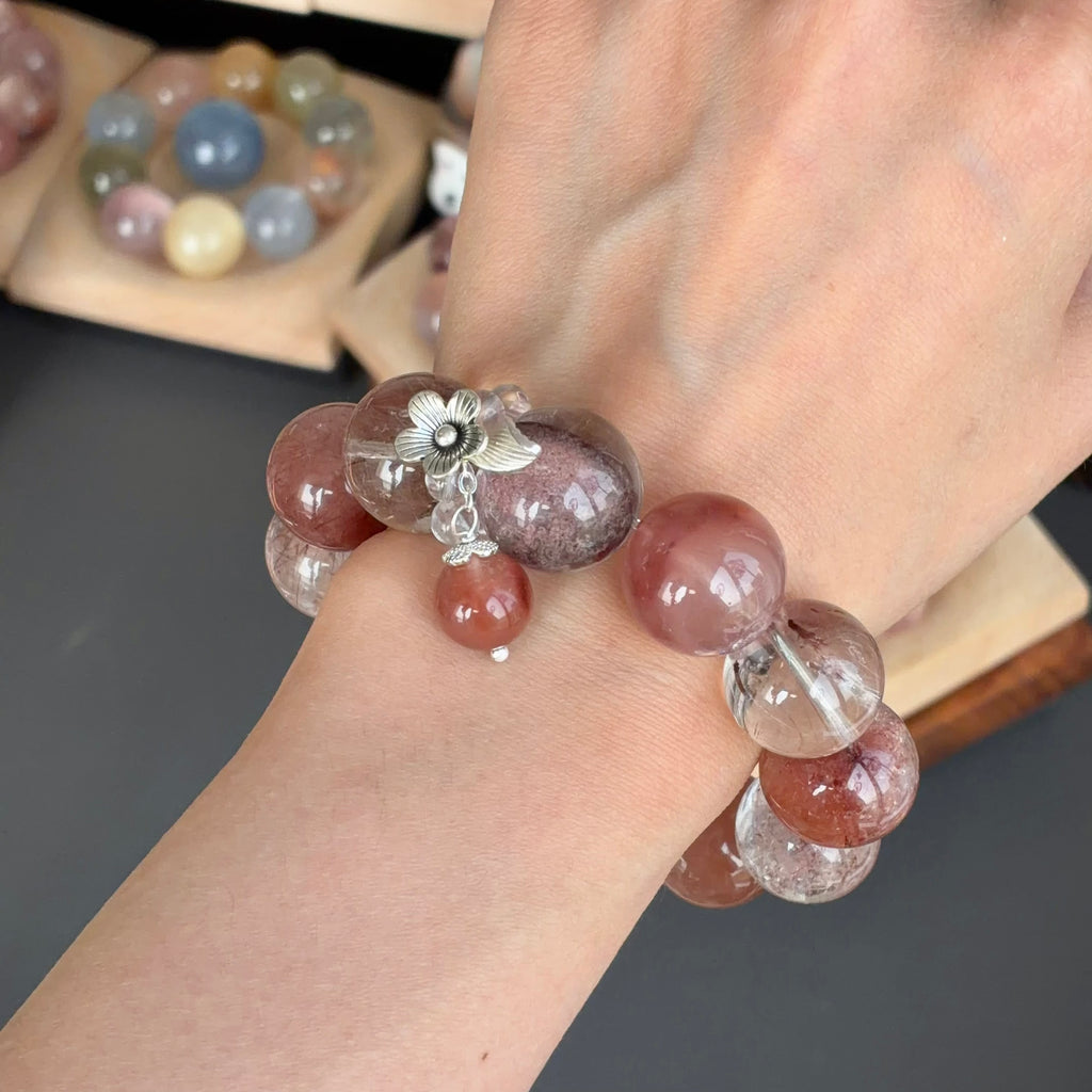 Rabbit Hair Quartz & Phantom Quartz Crystal Bracelet — quiet warmth, One of a Kind
