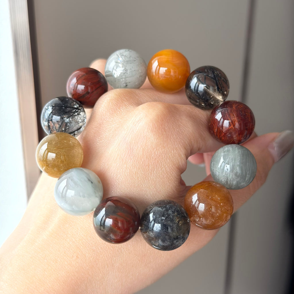 Multicolor Rabbit Hair Quartz & Phantom Quartz Crystal Bracelet — quiet warmth, One of a Kind