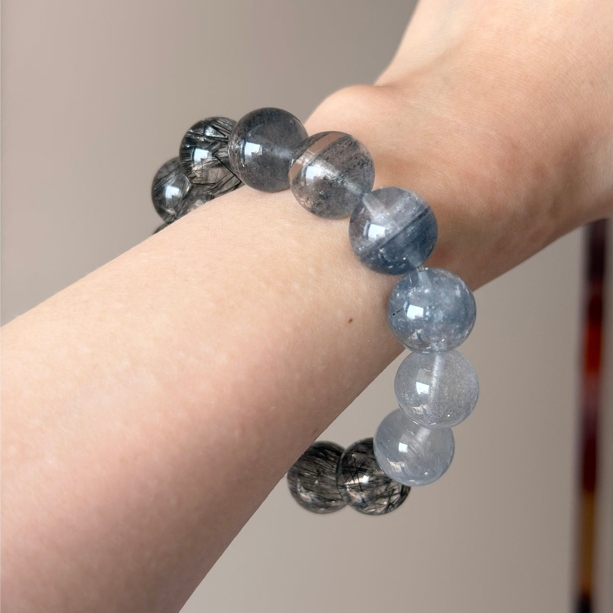 Rabbit Hair Quartz & Black Rutilated Quartz Crystal Bracelet — natural character, One of a Kind