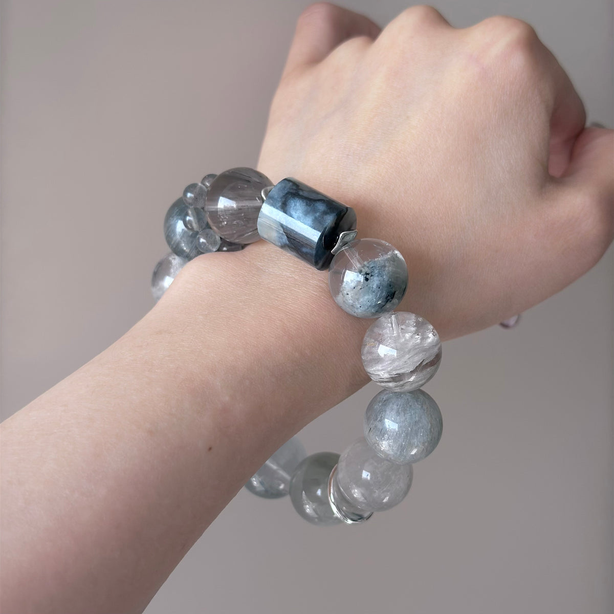 Rabbit Hair Quartz & Phantom Quartz Crystal Bracelet — quiet warmth, One of a Kind