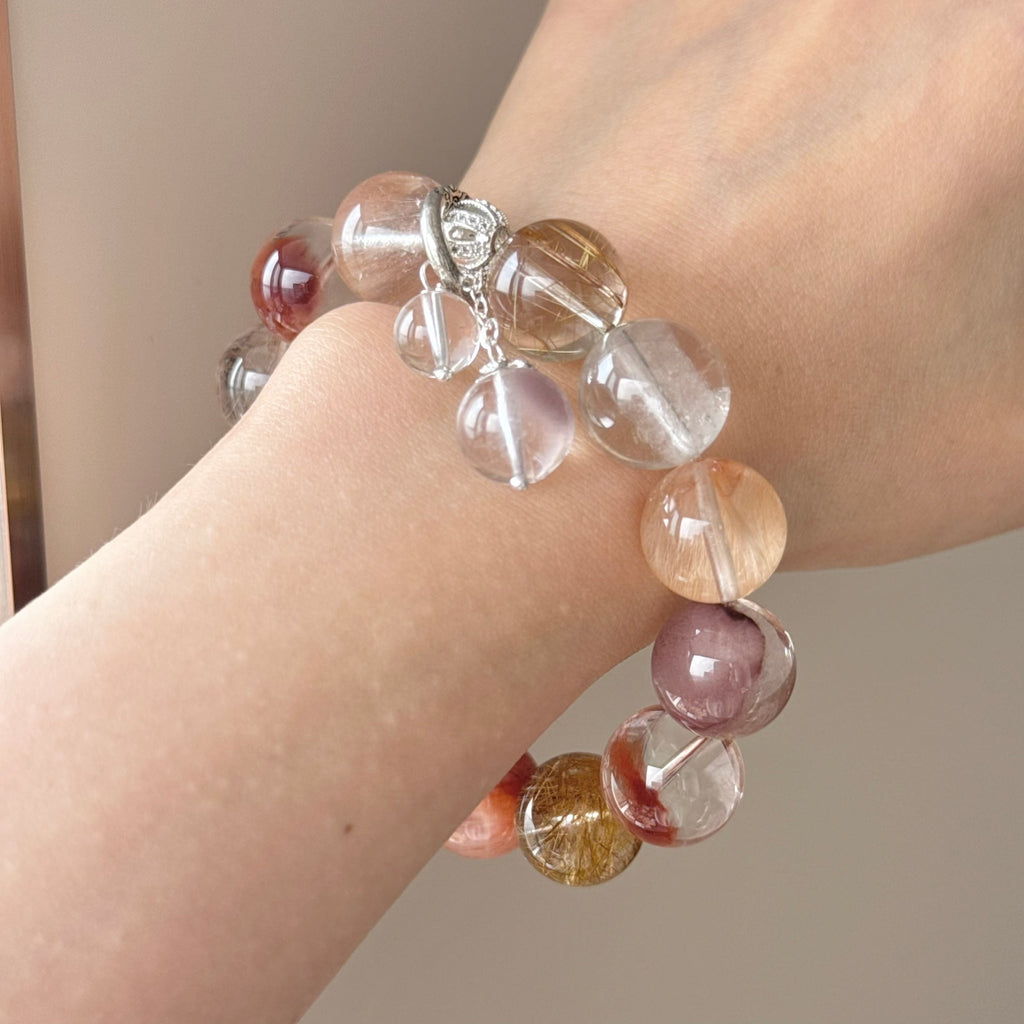Rabbit Hair Quartz & Golden Rutilated Quartz Crystal Bracelet — soft radiance, One of a Kind