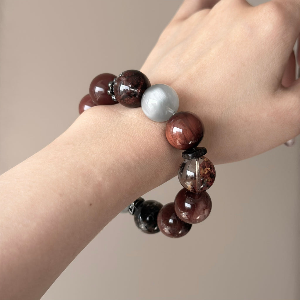 Rabbit Hair Quartz & Phantom Quartz Crystal Bracelet — quiet warmth, One of a Kind