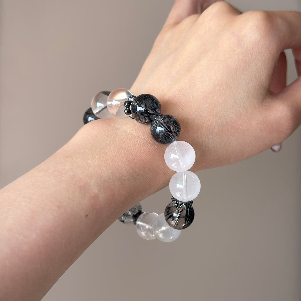 Black Rutilated Quartz & Rabbit Hair Quartz Crystal Bracelet — natural character, One of a Kind