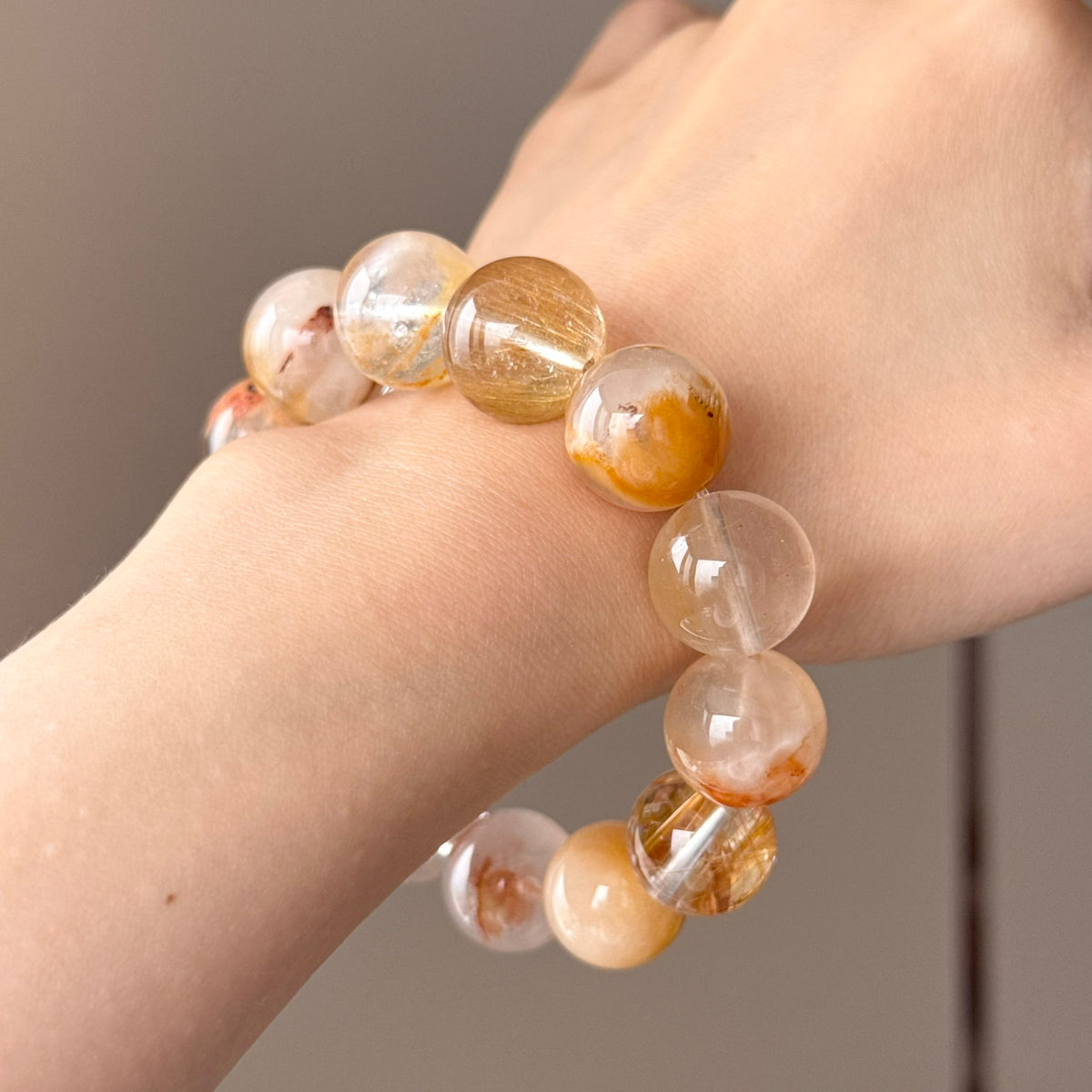 Yellow Rabbit Hair Quartz, Golden Rutilated Quartz & Phantom Quartz Crystal Bracelet — quiet warmth, One of a Kind