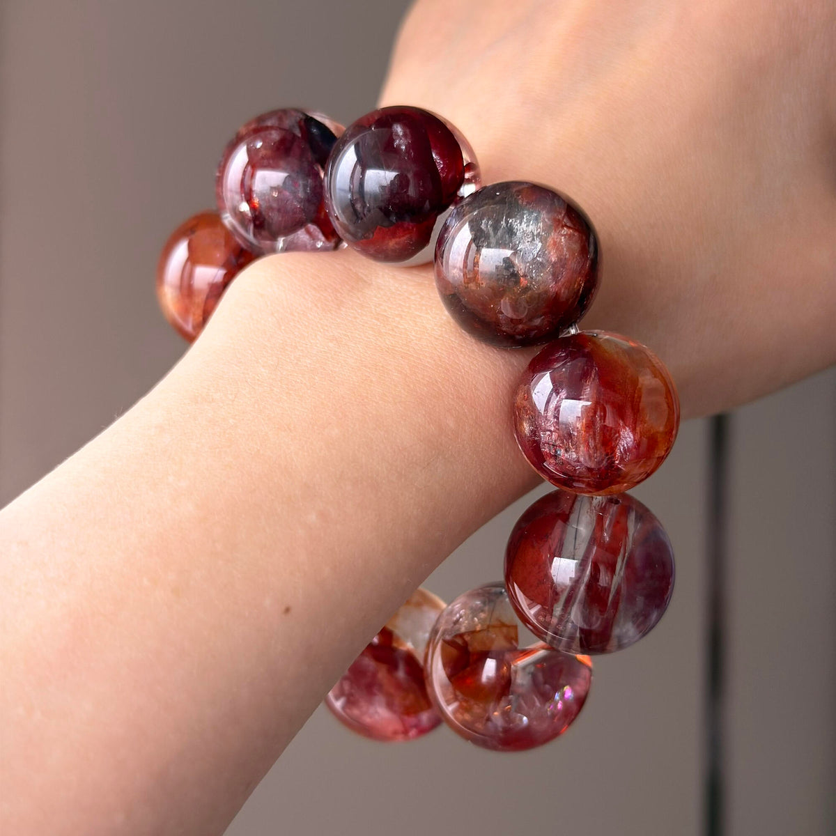 Imperial Red Flower Agate & Natural Jade Crystal Bracelet — quiet warmth, One of a Kind