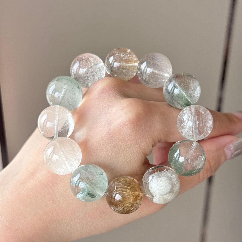 Phantom Quartz & Golden Rutilated Quartz Crystal Bracelet — quiet warmth, One of a Kind