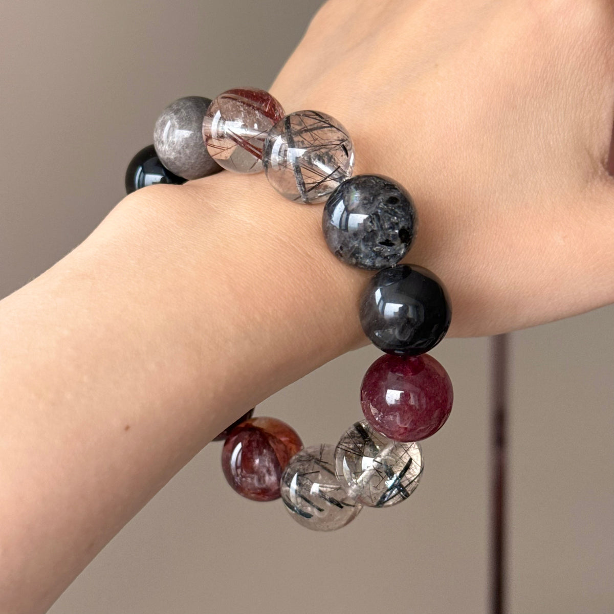 Red Flower Agate & Black Rutilated Quartz Crystal Bracelet — quiet warmth, One of a Kind