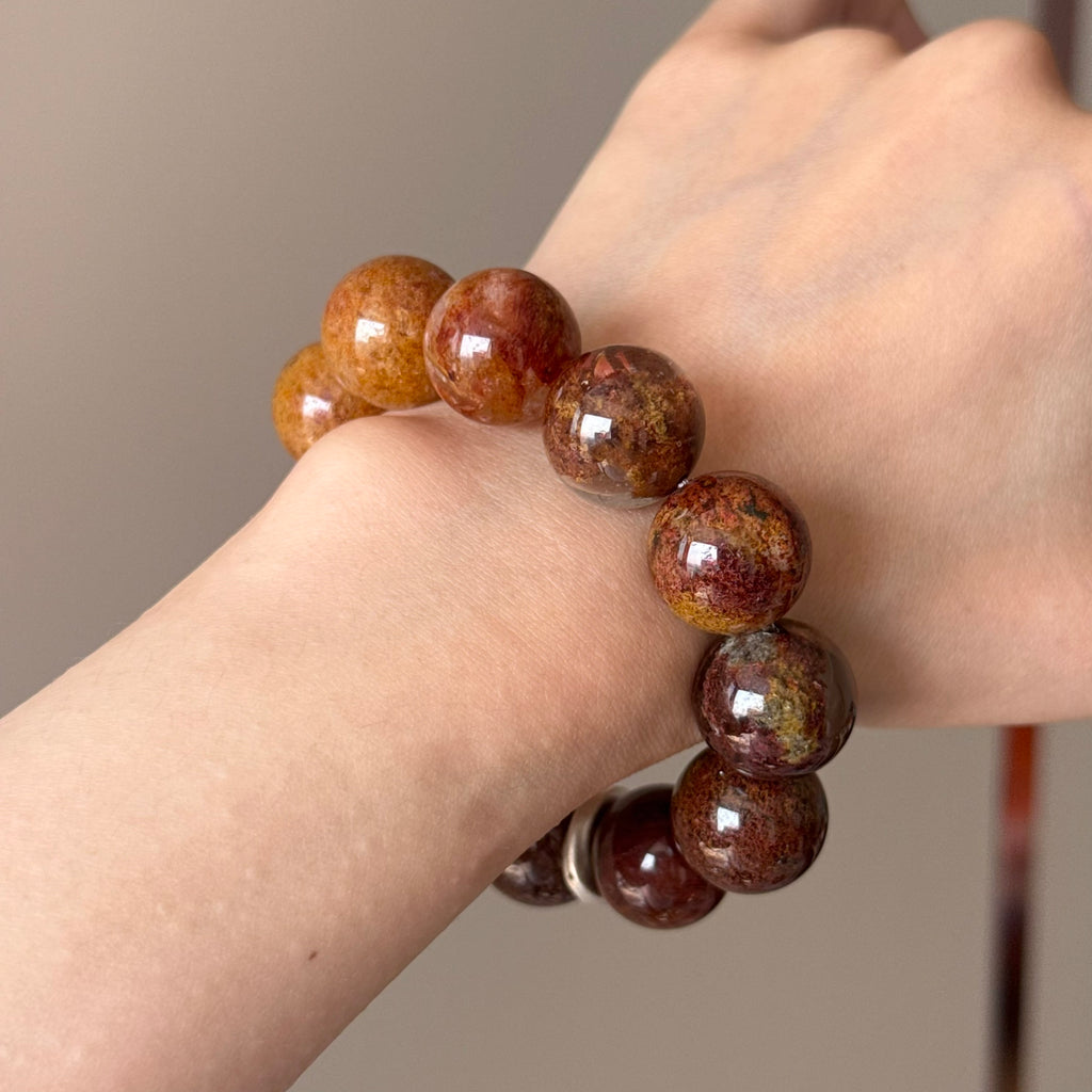 Yellow Rabbit Hair Quartz, Rabbit Hair Quartz & Tree Flower Agate Crystal Bracelet — soft radiance, One of a Kind